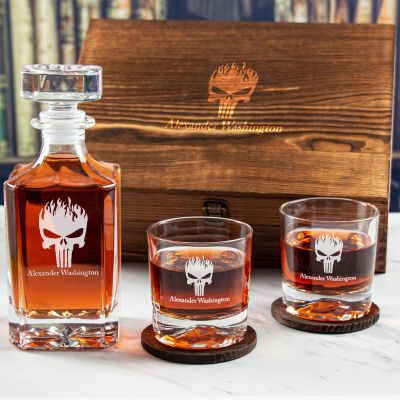 Custom Engraved Punisher with Flames - Personalized Whiskey Decanter Set In Wood Gift Box