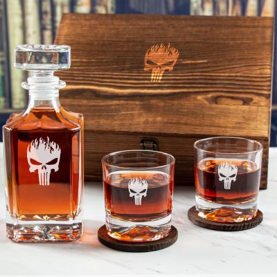 Custom Engraved Punisher with Flames - Personalized Whiskey Decanter Set In Wood Gift Box