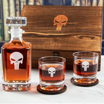 Custom Engraved Punisher Emblem - Personalized Whiskey Decanter Set In Wood Gift Box