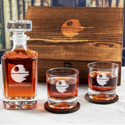 Custom Engraved Death Star - Personalized Whiskey Decanter Set In Wood Gift Box