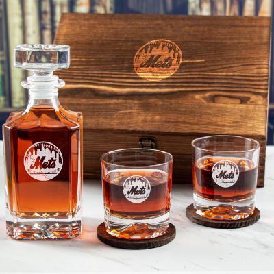 Custom Engraved Mets Round Logo - Personalized Whiskey Decanter Set In Wood Gift Box