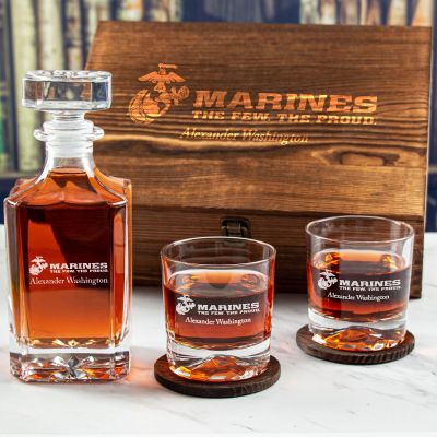 Custom Engraved Marines The Few The Proud - Personalized Whiskey Decanter Set In Wood Gift Box