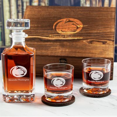 Custom Engraved Penn State - Personalized Whiskey Decanter Set In Wood Gift Box