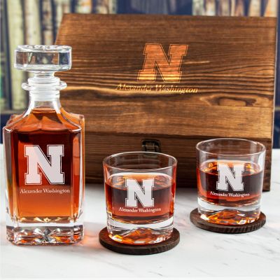 Custom Engraved Nebraska Cornhuskers - Personalized Whiskey Decanter Set In Wood Gift Box