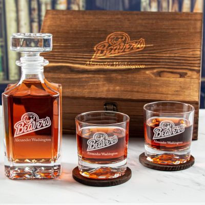 Custom Engraved Bemidji State Beavers Football - Personalized Whiskey Decanter Set In Wood Gift Box