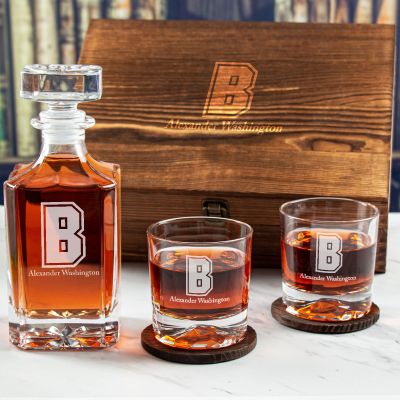 Custom Engraved Brown Initial University - Personalized Whiskey Decanter Set In Wood Gift Box