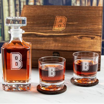 Custom Engraved Brown Initial University - Personalized Whiskey Decanter Set In Wood Gift Box