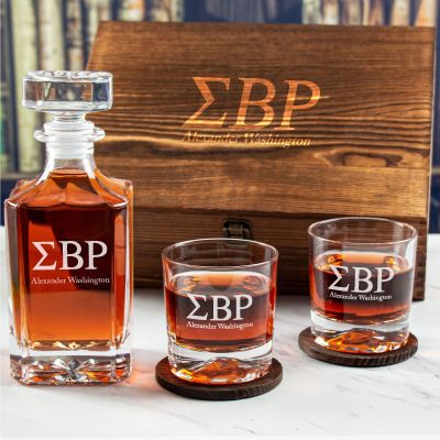 Custom Engraved Sigma Beta Rho - Personalized Whiskey Decanter Set In Wood Gift Box