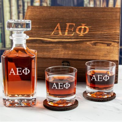 Custom Engraved Alpha Epsilon Phi - Personalized Whiskey Decanter Set In Wood Gift Box