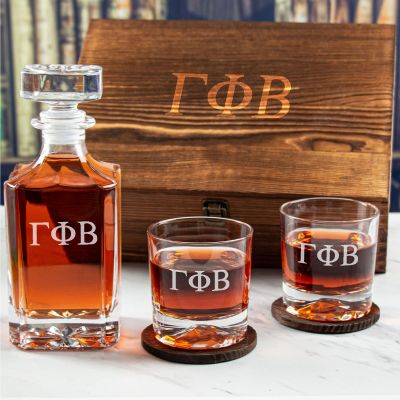 Custom Engraved Gamma Phi Beta - Personalized Whiskey Decanter Set In Wood Gift Box