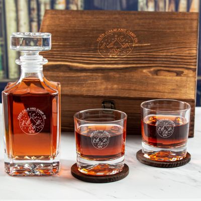 Custom Engraved Keep Calm And Camp On - Personalized Whiskey Decanter Set In Wood Gift Box