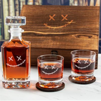 Custom Engraved Joker Emblem - Personalized Whiskey Decanter Set In Wood Gift Box