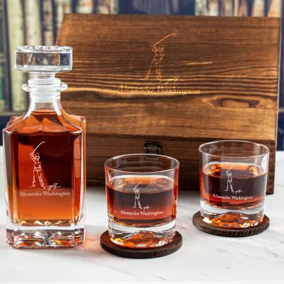 Custom Engraved Golf Swing Line Drawing - Personalized Whiskey Decanter Set In Wood Gift Box