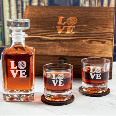 Custom Engraved Golf LOVE Design - Personalized Whiskey Decanter Set In Wood Gift Box