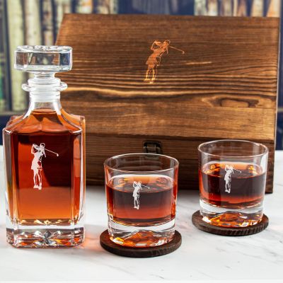 Custom Engraved Lady Golfer Design - Personalized Whiskey Decanter Set In Wood Gift Box
