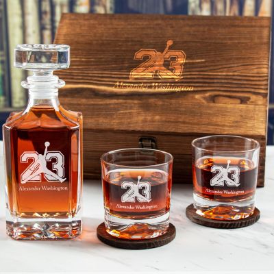 Custom Engraved Jordan 23 - Personalized Whiskey Decanter Set In Wood Gift Box