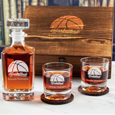 Custom Engraved Basketball Logo - Personalized Whiskey Decanter Set In Wood Gift Box