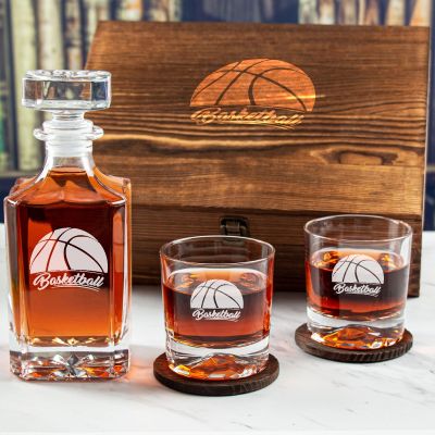 Custom Engraved Basketball Logo - Personalized Whiskey Decanter Set In Wood Gift Box
