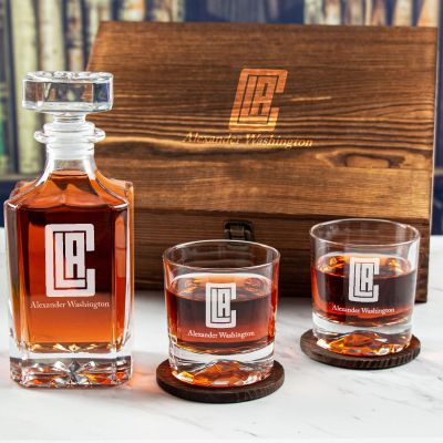 Custom Engraved LA Clippers Monogram - Personalized Whiskey Decanter Set In Wood Gift Box