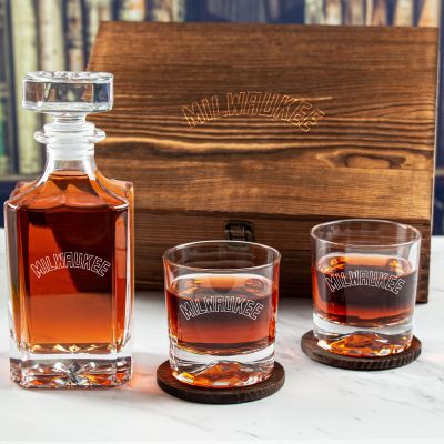Custom Engraved Milwaukee - Personalized Whiskey Decanter Set In Wood Gift Box