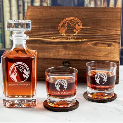 Custom Engraved Timberwolves Emblem - Personalized Whiskey Decanter Set In Wood Gift Box