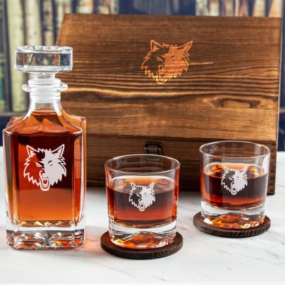 Custom Engraved Timberwolf - Personalized Whiskey Decanter Set In Wood Gift Box