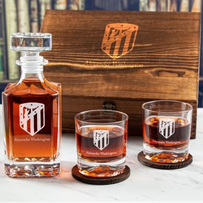 Custom Engraved Atletico Madrid - Personalized Whiskey Decanter Set In Wood Gift Box