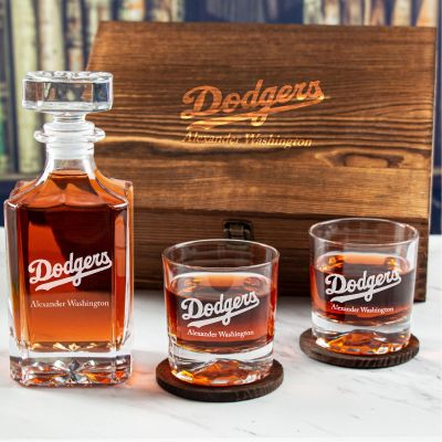 Custom Engraved Los Angeles Dodgers Script Logo - Personalized Whiskey Decanter Set In Wood Gift Box