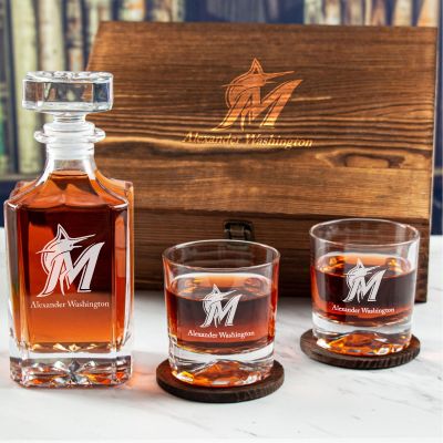 Custom Engraved Miami Marlins Cap Insignia - Personalized Whiskey Decanter Set In Wood Gift Box