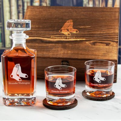 Custom Engraved Red Sox Hanging Socks - Personalized Whiskey Decanter Set In Wood Gift Box