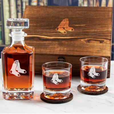 Custom Engraved Red Sox Hanging Socks - Personalized Whiskey Decanter Set In Wood Gift Box