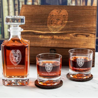 Custom Engraved Police Badges  - Personalized Whiskey Decanter Set In Wood Gift Box - Fayetteville NC Police Badge