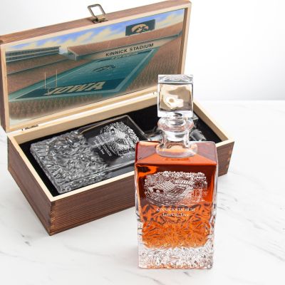 University of Iowa Stadium Engrave Sports Team Decanter in Rustic Wood Box