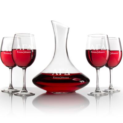 Custom Engraved Alpha Gamma Delta - Slanted Top Wine Decanter With Stem Wine Glasses