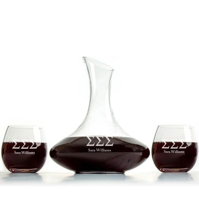 Custom Engraved Sigma Sigma Sigma -  Slanted Top Wine Decanter With Wine Glasses
