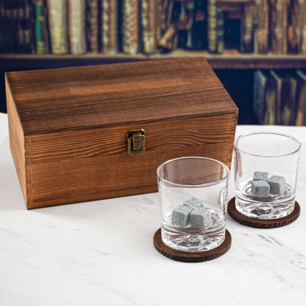 Wood Box with Whiskey Glasses