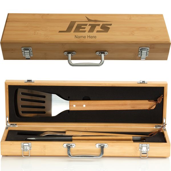Personalized Grilling BBQ Set with Bamboo Case - Football Team Logos - Jets - Tailgate BBQ Tool Set - Mancave Gifts - Gifts for Him