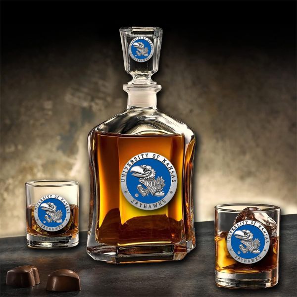 University of Kansas Jayhawks  - Capitol Decanter with 2 Double Old Fashioned Glasses in Chest