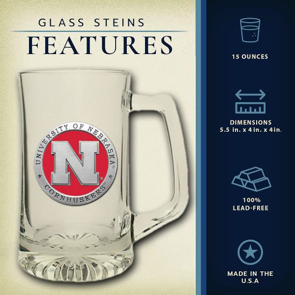 University of Nebraska Cornhuskers Super Beer Stein Glass