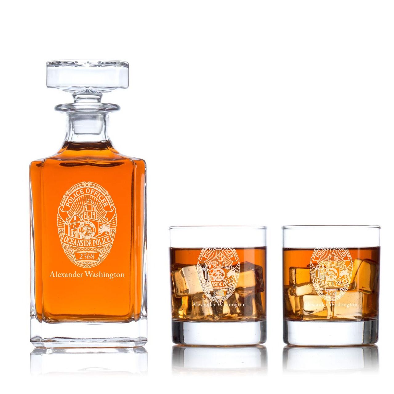 Custom Engraved - Police Badges - Classic Personalized Whiskey Decanter Set - Oceanside CA Police Badge