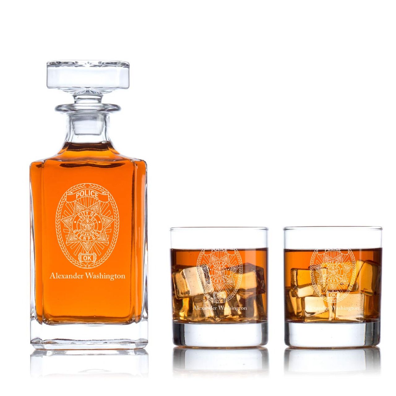 Custom Engraved - Police Badges - Classic Personalized Whiskey Decanter Set - Glenpool OK Police Badge