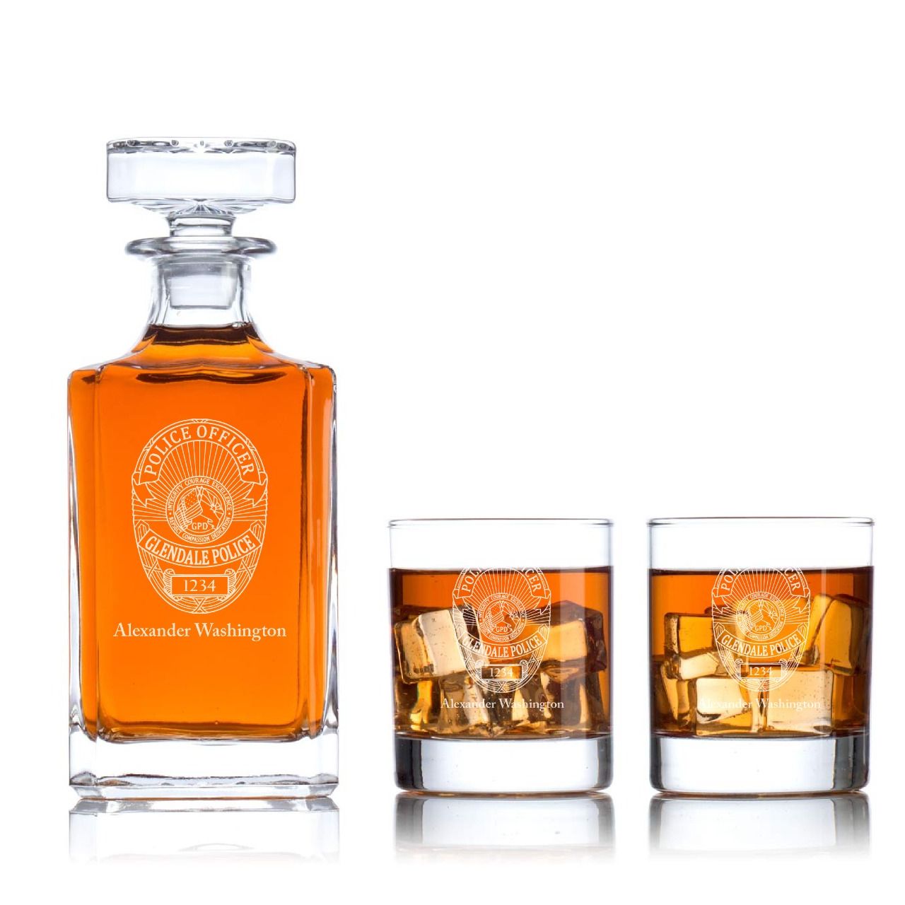 Custom Engraved - Police Badges - Classic Personalized Whiskey Decanter Set - Glendale CA Police Badge