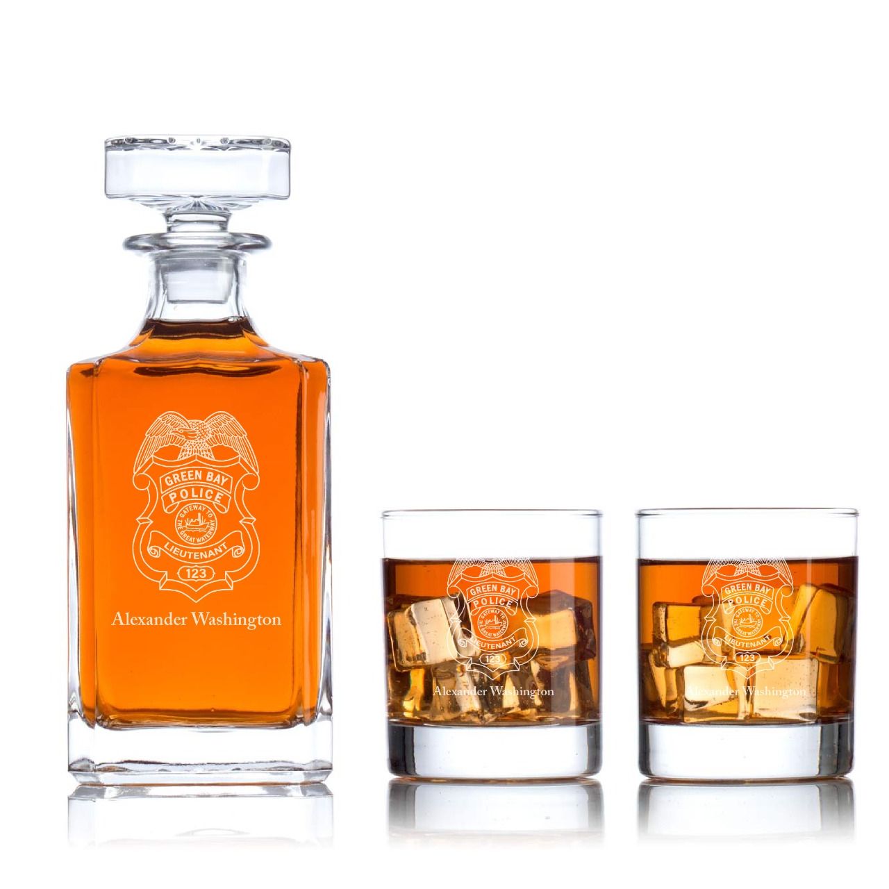 Custom Engraved - Police Badges - Classic Personalized Whiskey Decanter Set - Green Bay WI Police Badge
