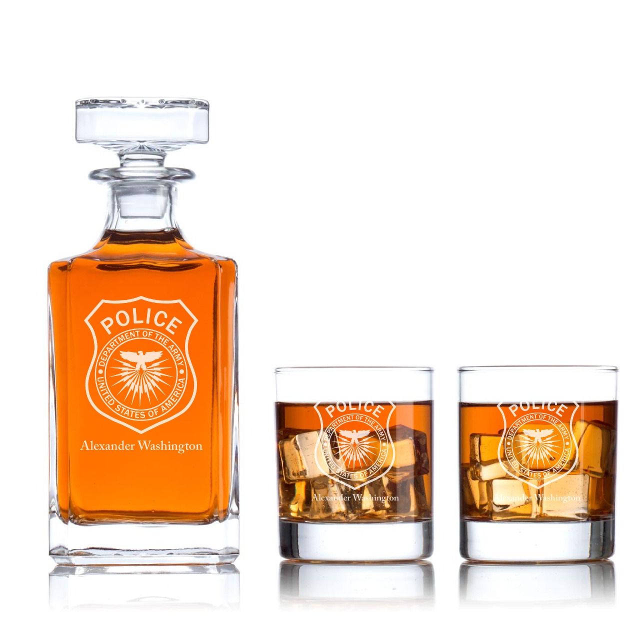 Custom Engraved - Police Badges - Classic Personalized Whiskey Decanter Set - Dept. of the Army Police Badge