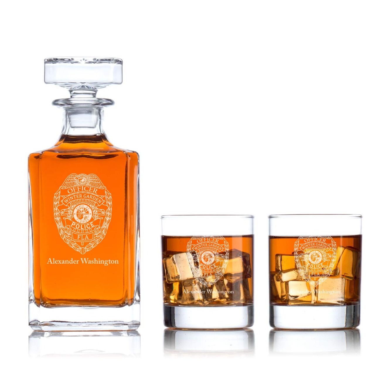 Custom Engraved - Police Badges - Classic Personalized Whiskey Decanter Set - Winter Garden FL Police Badge