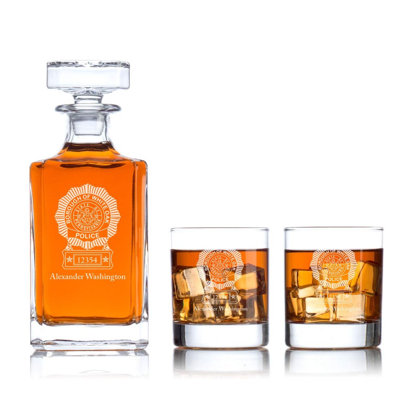 Custom Engraved - Police Badges - Classic Personalized Whiskey Decanter Set - White Oak PA Police Badge