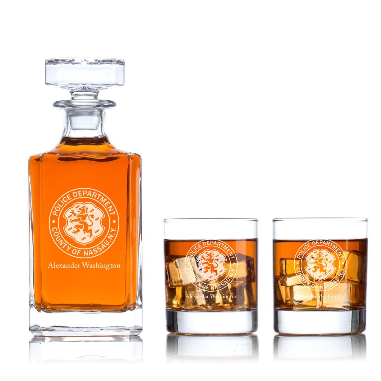 Custom Engraved - Police Badges - Classic Personalized Whiskey Decanter Set - Police Dept County of Nassau NY Patch
