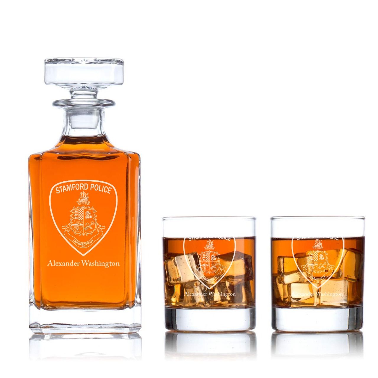 Custom Engraved - Police Badges - Classic Personalized Whiskey Decanter Set - Stamford CT Police Patch
