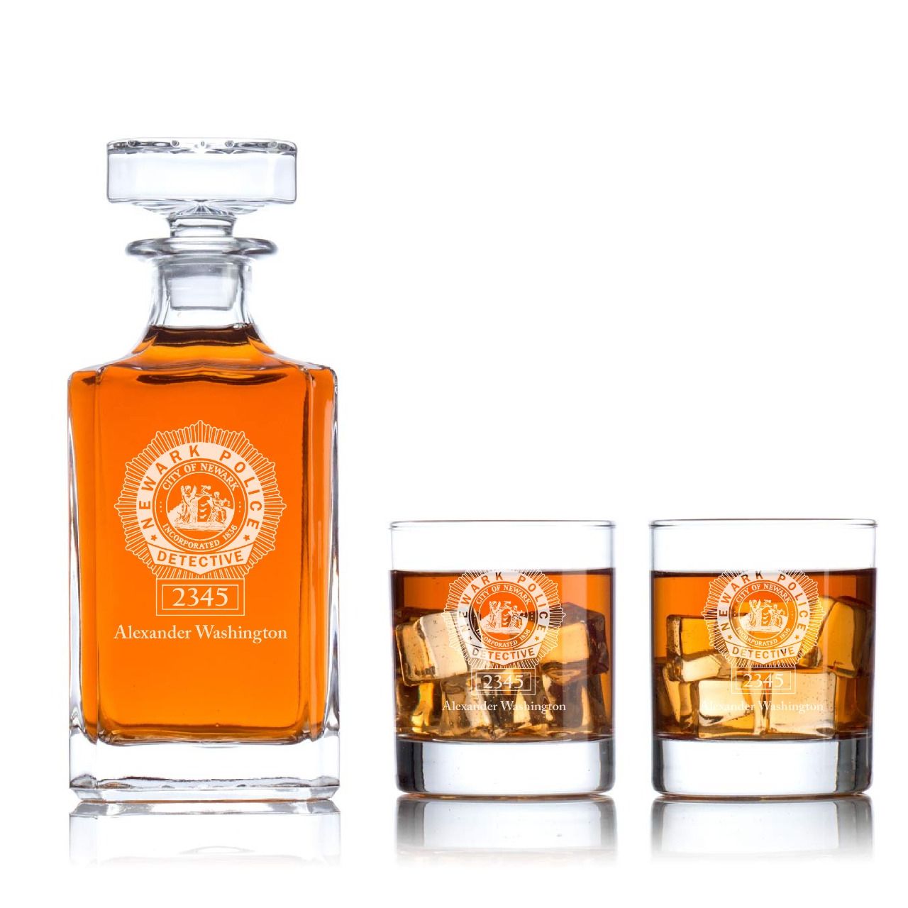 Custom Engraved - Police Badges - Classic Personalized Whiskey Decanter Set - Newark NJ Police Detective Badge