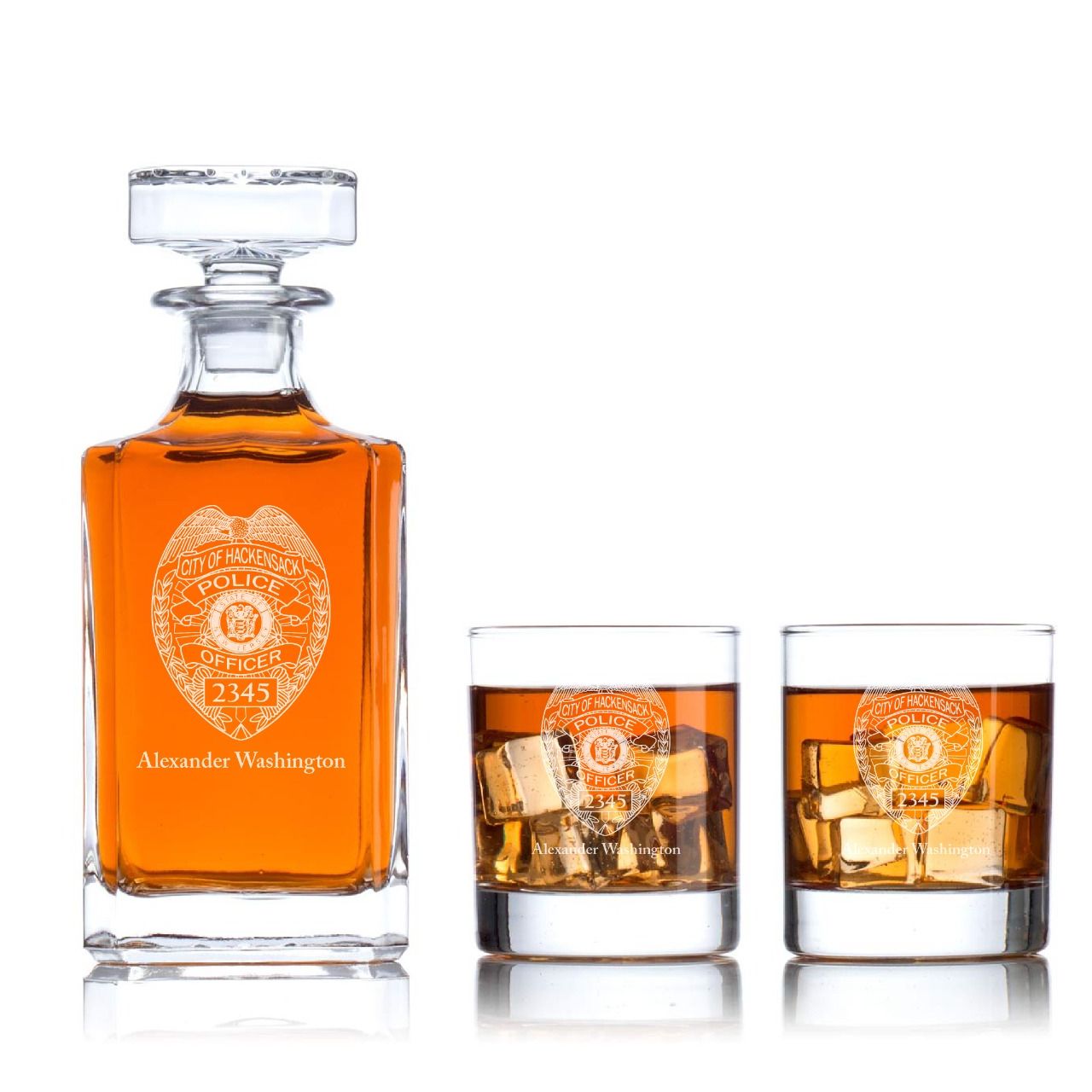 Custom Engraved - Police Badges - Classic Personalized Whiskey Decanter Set - Hackensack NJ Police Badge